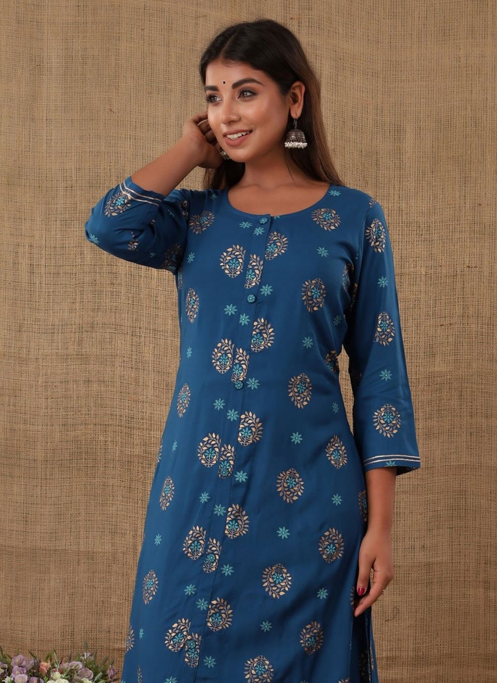 Designer Kurti Rayon Blue Buttons Kurtis