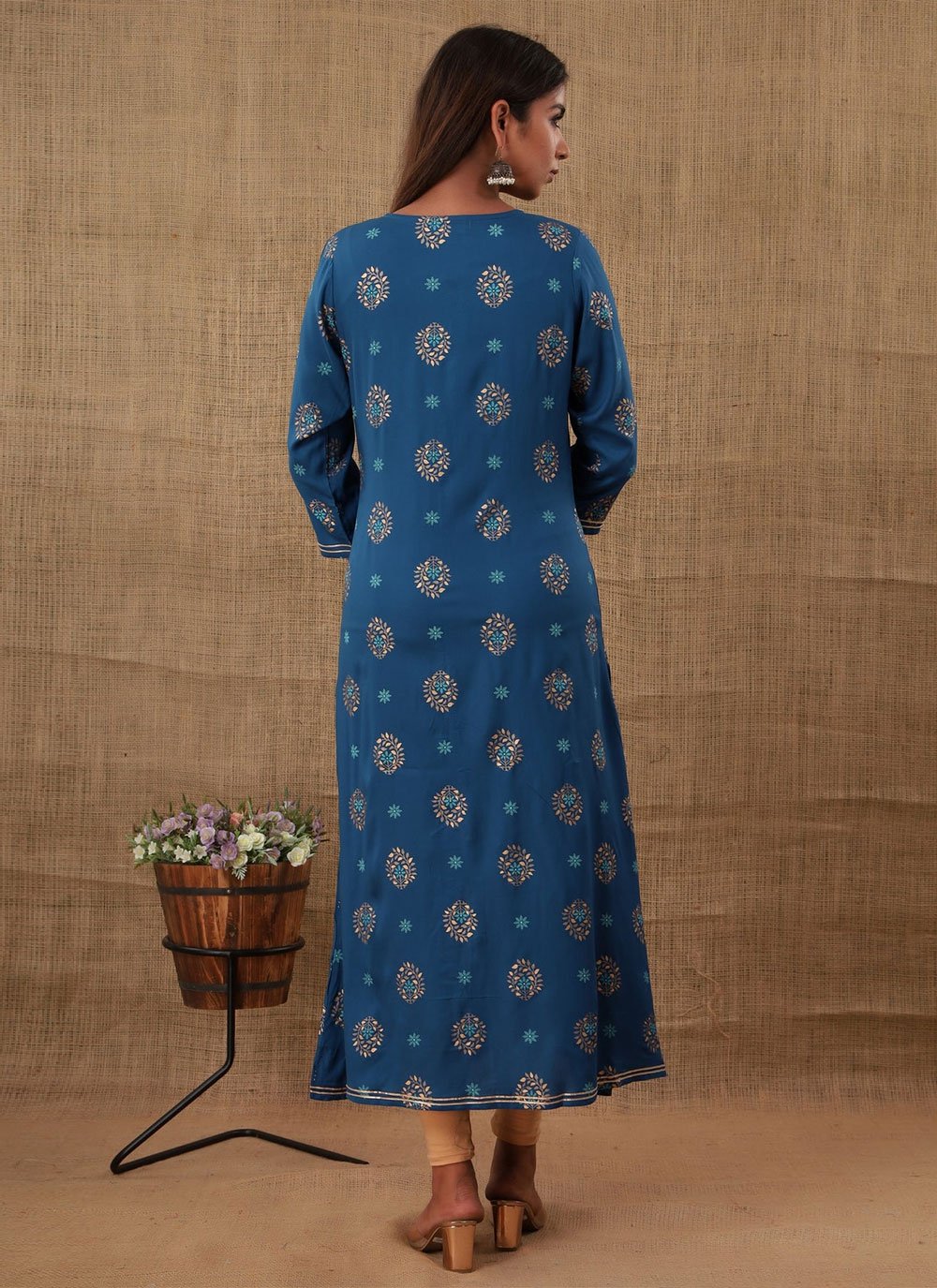 Designer Kurti Rayon Blue Buttons Kurtis