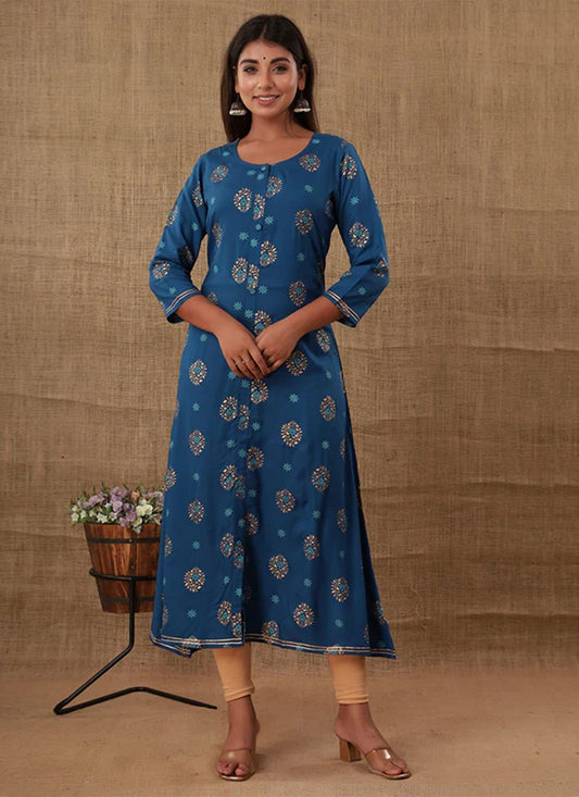 Designer Kurti Rayon Blue Buttons Kurtis