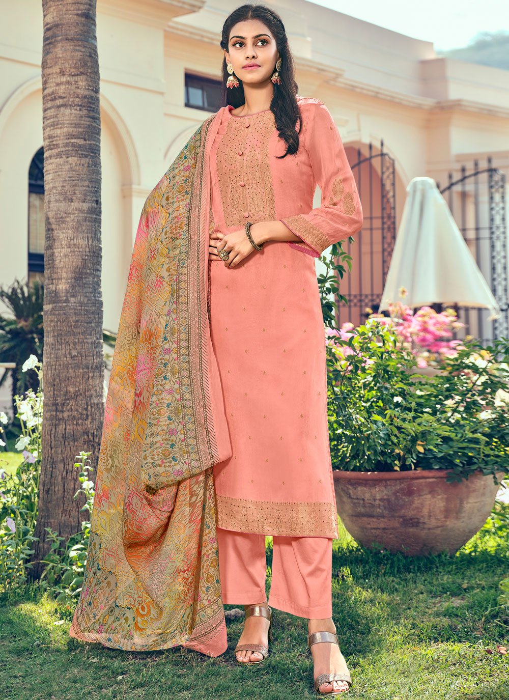 Salwar Suit Pure Silk Peach Buttons Salwar Kameez