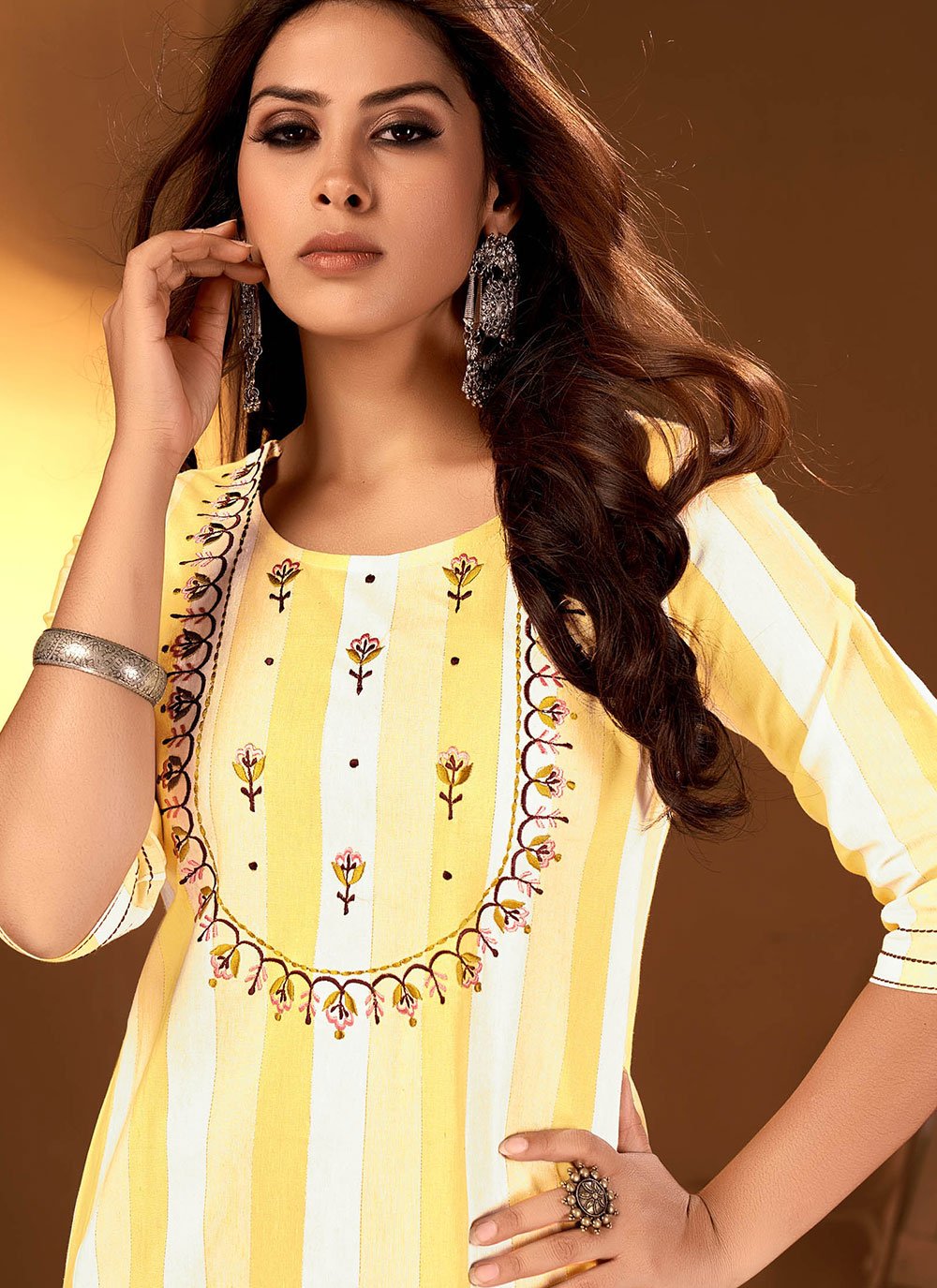 Casual Kurti Cotton Yellow Embroidered Kurtis