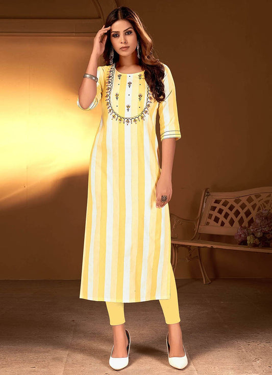 Casual Kurti Cotton Yellow Embroidered Kurtis