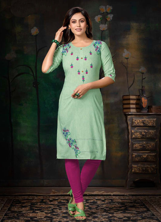 Casual Kurti Handloom Cotton Sea Green Embroidered Kurtis