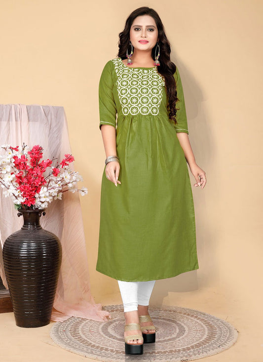 Casual Kurti Cotton Green Embroidered Kurtis