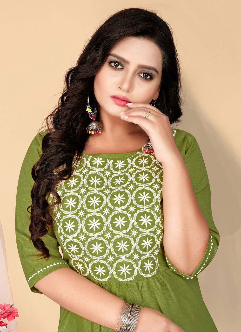 Casual Kurti Cotton Green Embroidered Kurtis