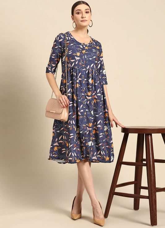 Casual Kurti Poly Rayon Blue Print Kurtis