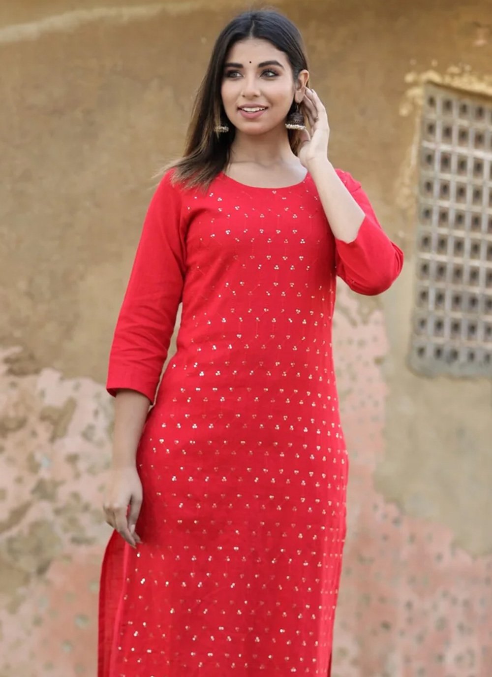 Casual Kurti Cotton Red Embroidered Kurtis