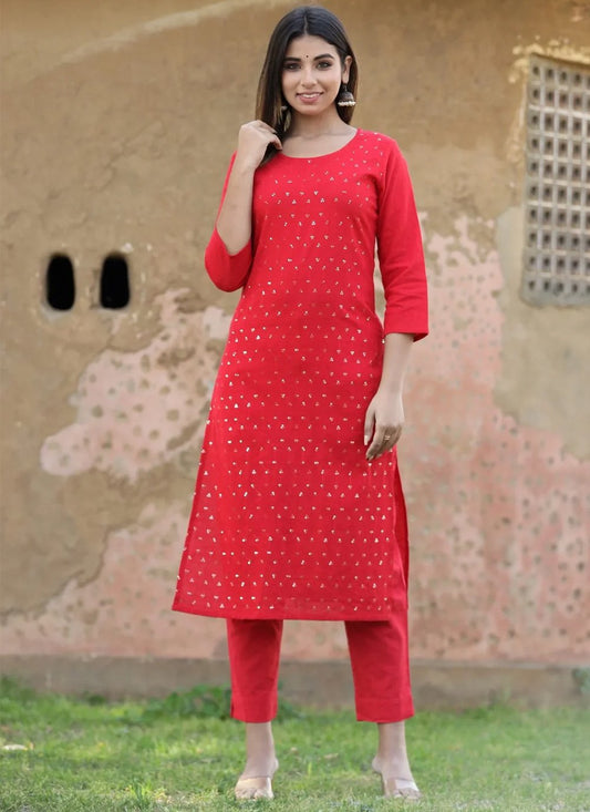 Casual Kurti Cotton Red Embroidered Kurtis