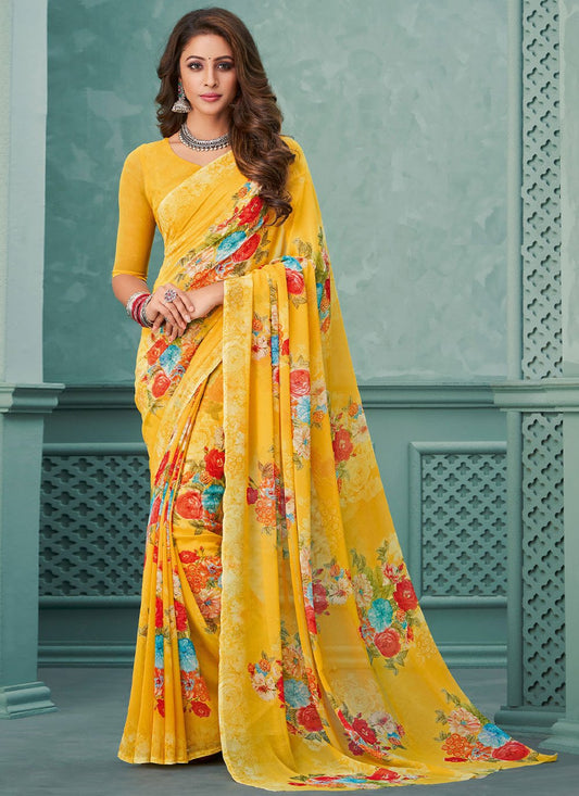 Casual Georgette Yellow Floral Patch Saree