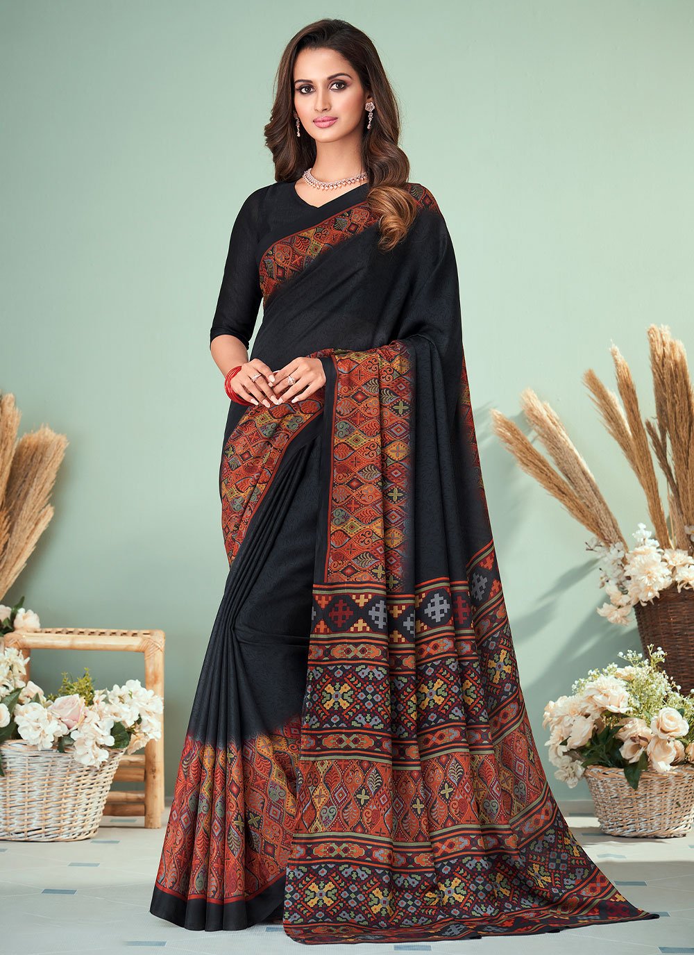 Casual Georgette Black Print Saree