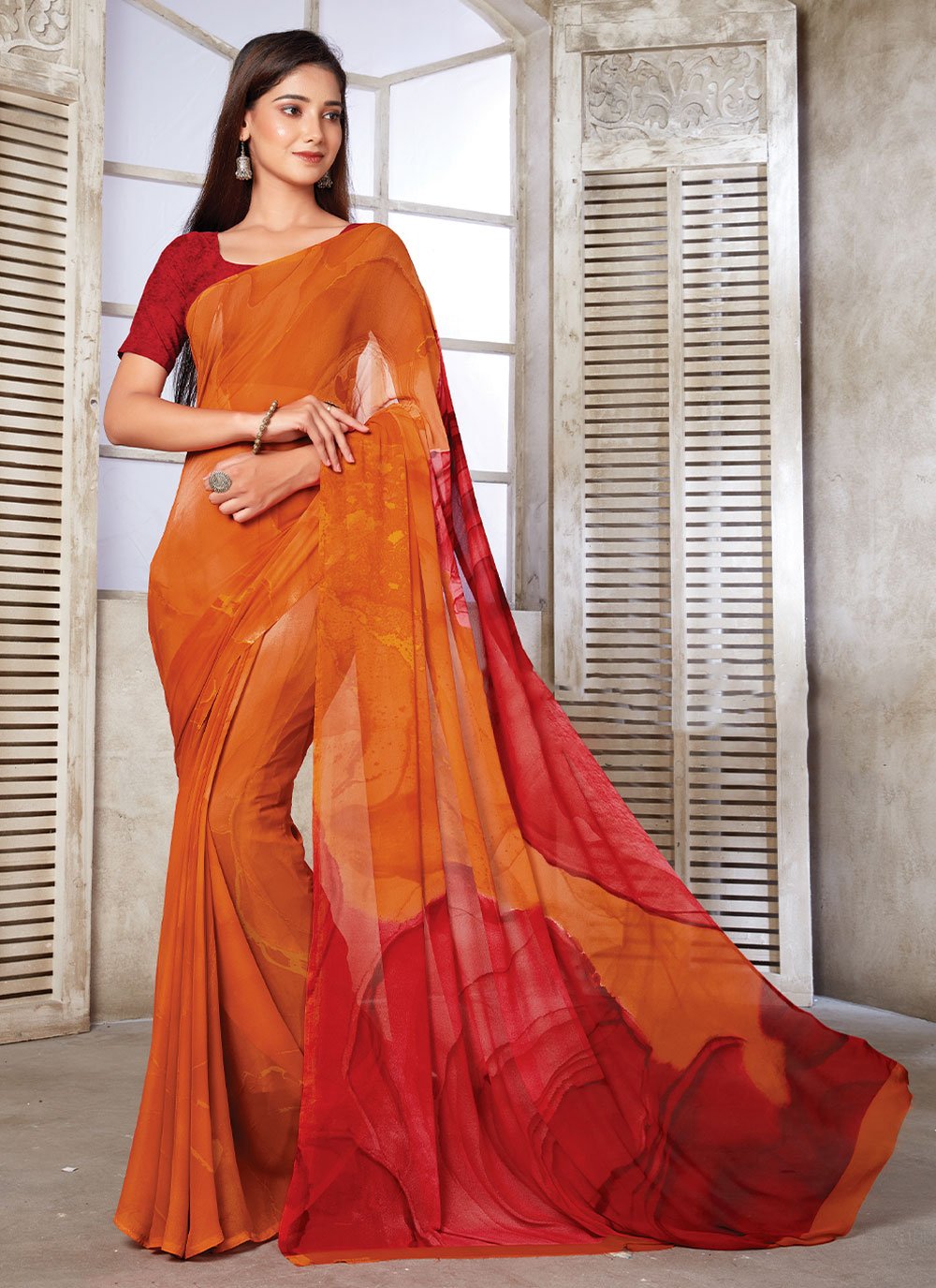 Casual Weight Less Orange Print Saree