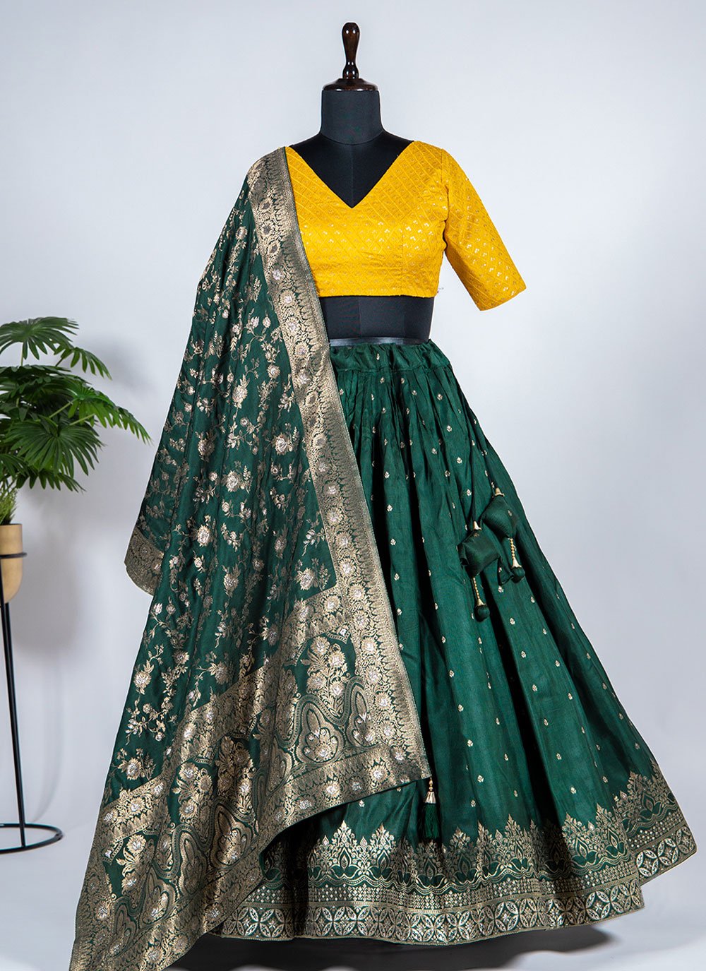 A Line Lehenga Chanderi Viscose Green Weaving Lehenga Choli