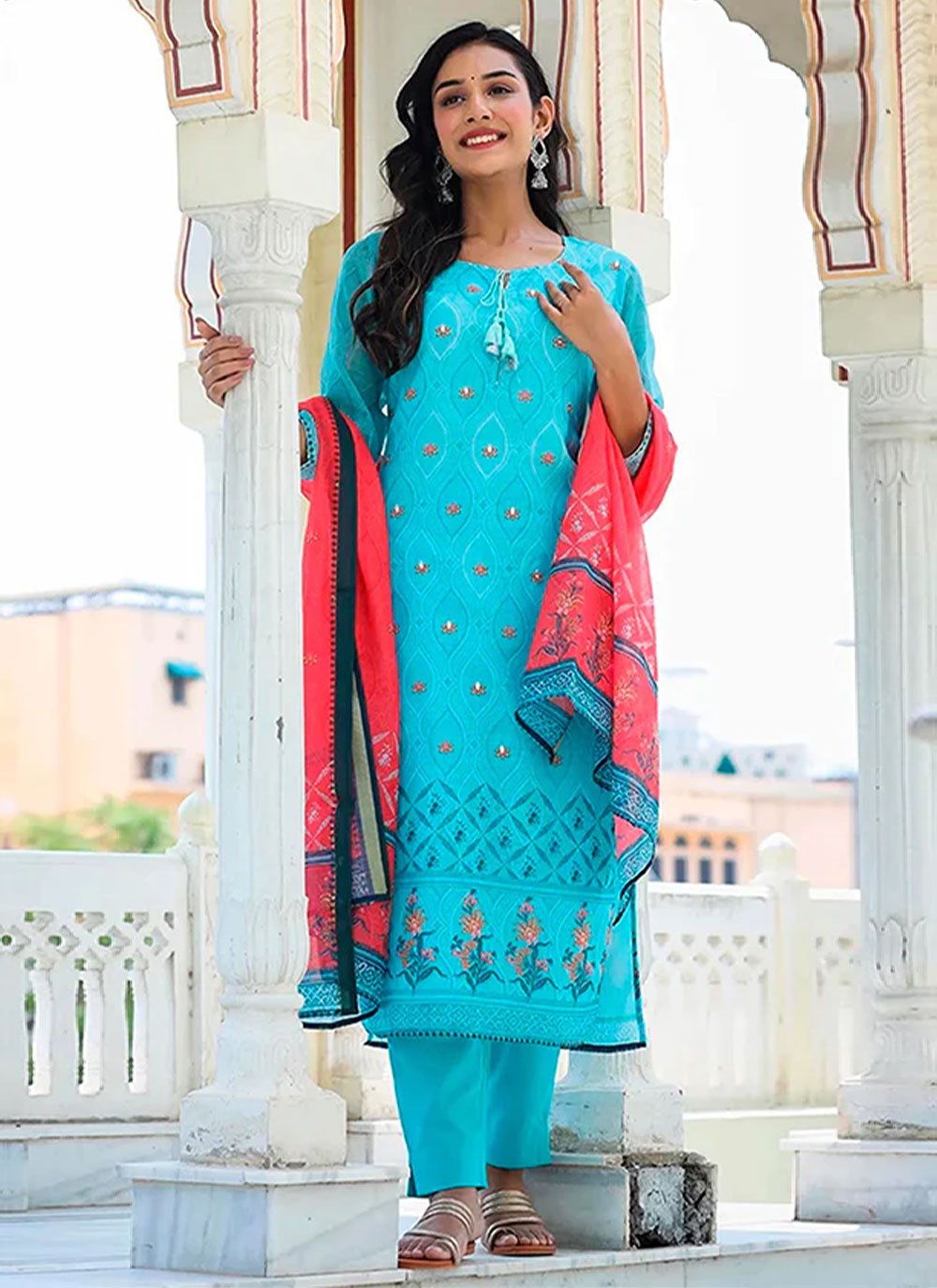 Straight Salwar Suit Chanderi Blue Embroidered Salwar Kameez