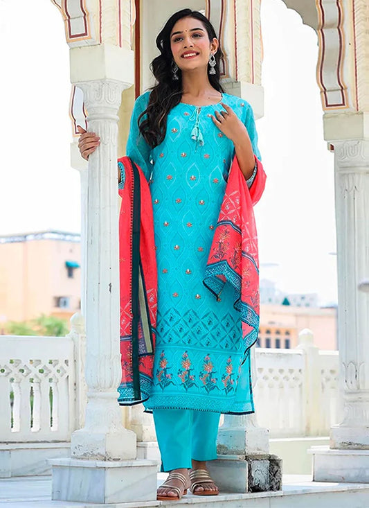 Straight Salwar Suit Chanderi Blue Embroidered Salwar Kameez