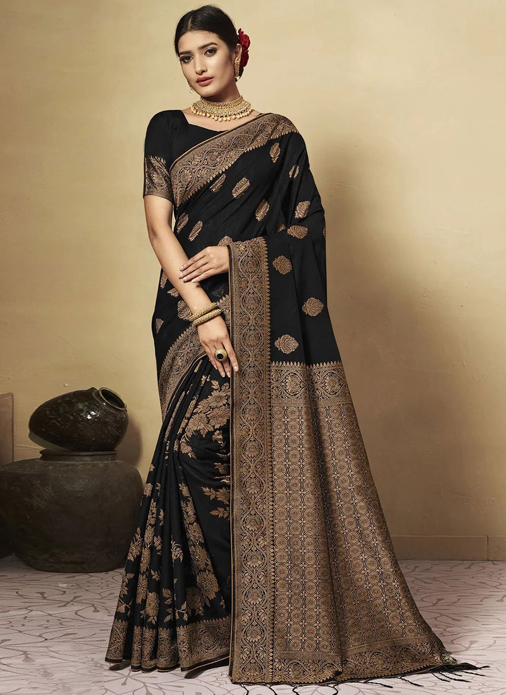 Contemporary Chanderi Cotton Black Weaving Saree