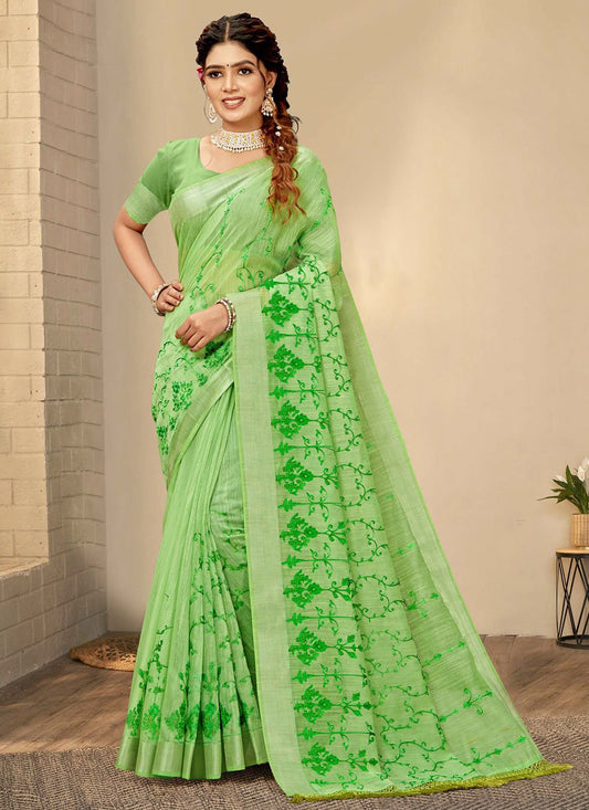 Classic Chanderi Cotton Green Embroidered Saree