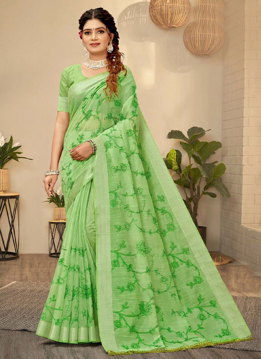 Trendy Saree Chanderi Cotton Sea Green Embroidered Saree