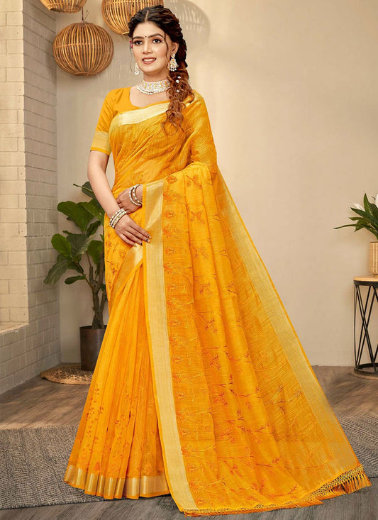 Trendy Saree Chanderi Cotton Yellow Embroidered Saree