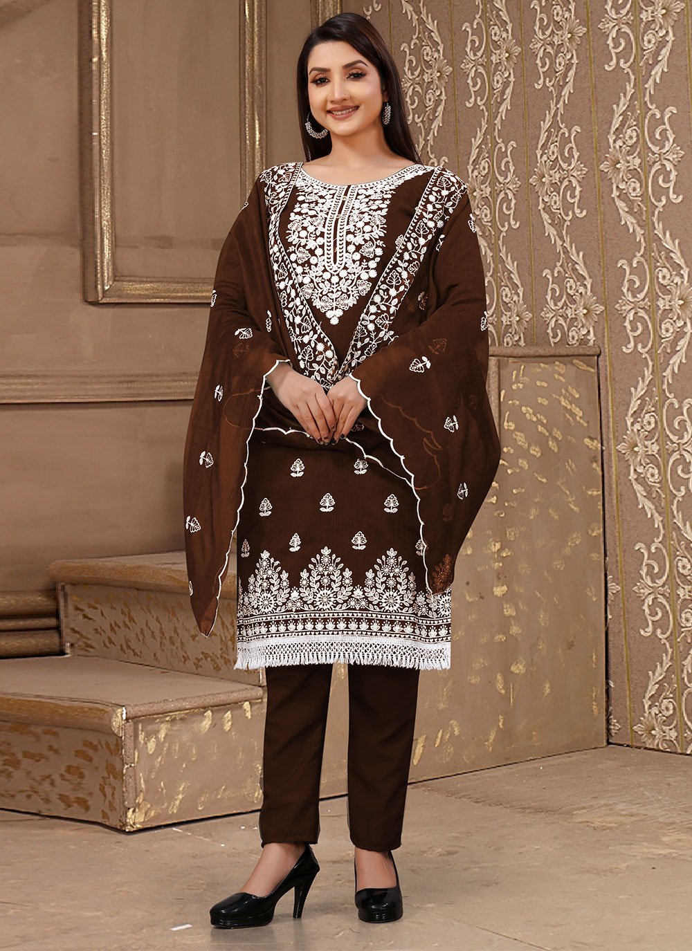 Salwar Suit Chanderi Cotton Brown Embroidered Salwar Kameez