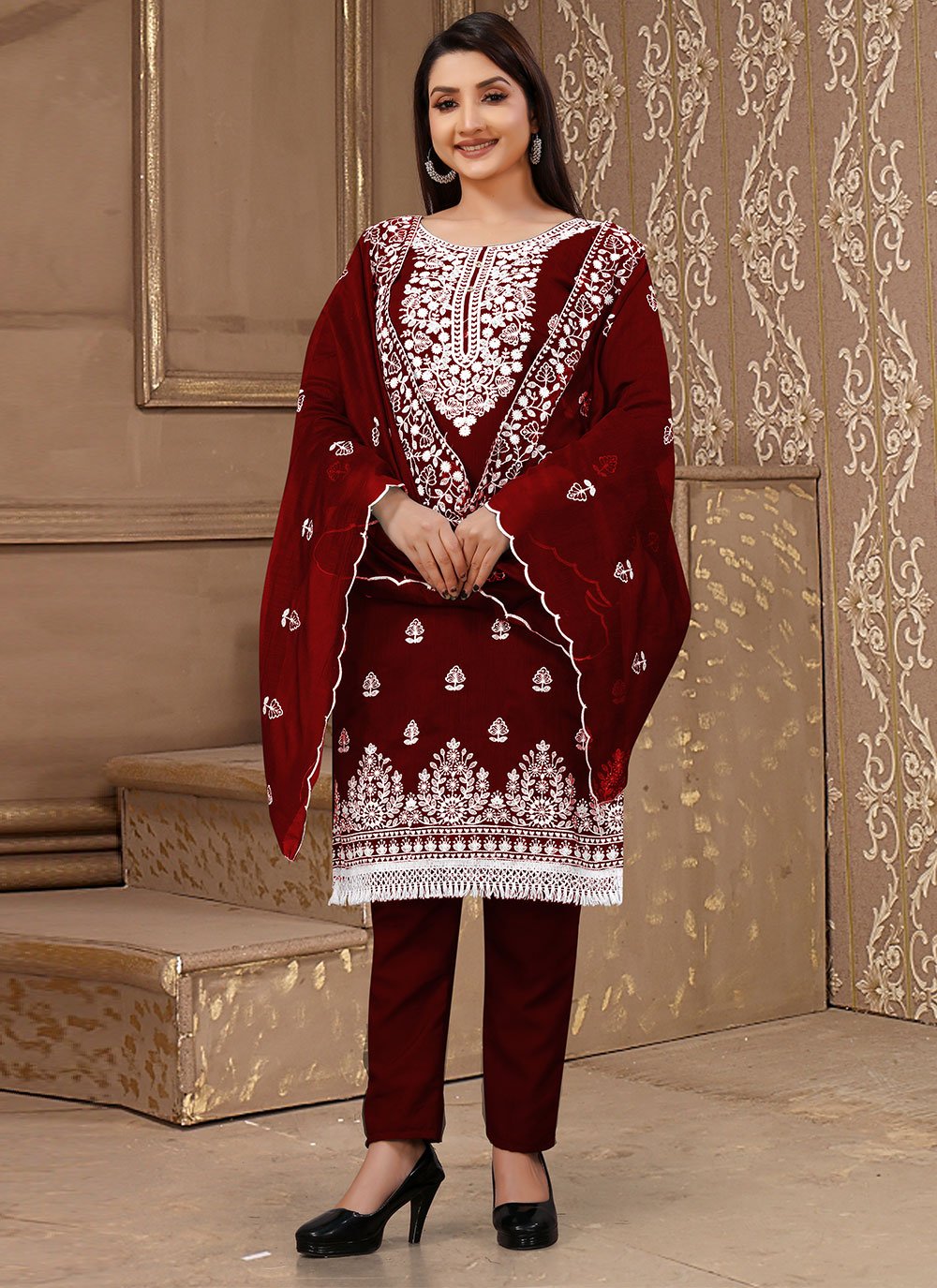 Salwar Suit Chanderi Cotton Maroon Embroidered Salwar Kameez