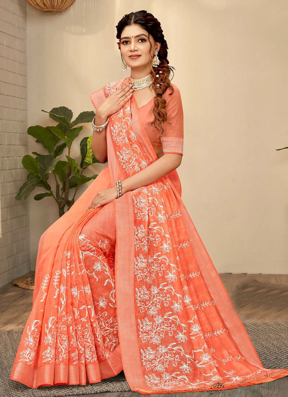 Contemporary Chanderi Cotton Orange Embroidered Saree