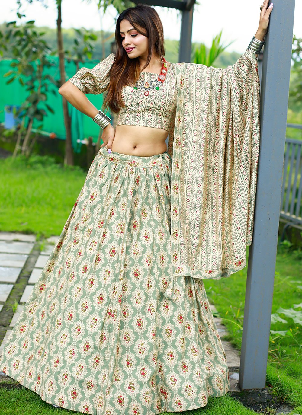 Lehenga Choli Chanderi Cotton Green Foil Print Lehenga Choli