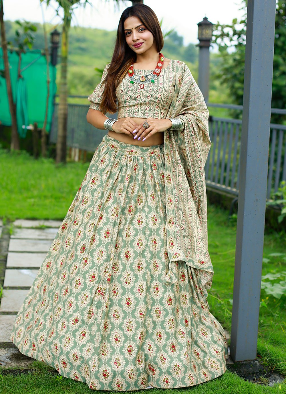 Lehenga Choli Chanderi Cotton Green Foil Print Lehenga Choli