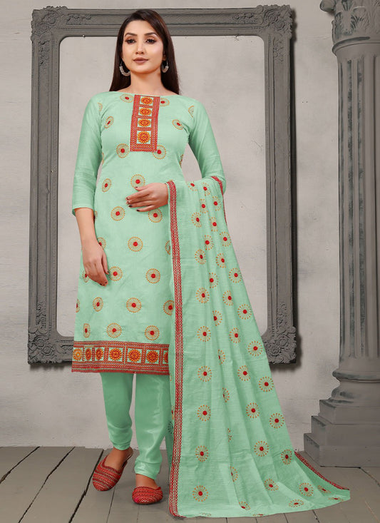 Straight Salwar Suit Chanderi Cotton Sea Green Embroidered Salwar Kameez