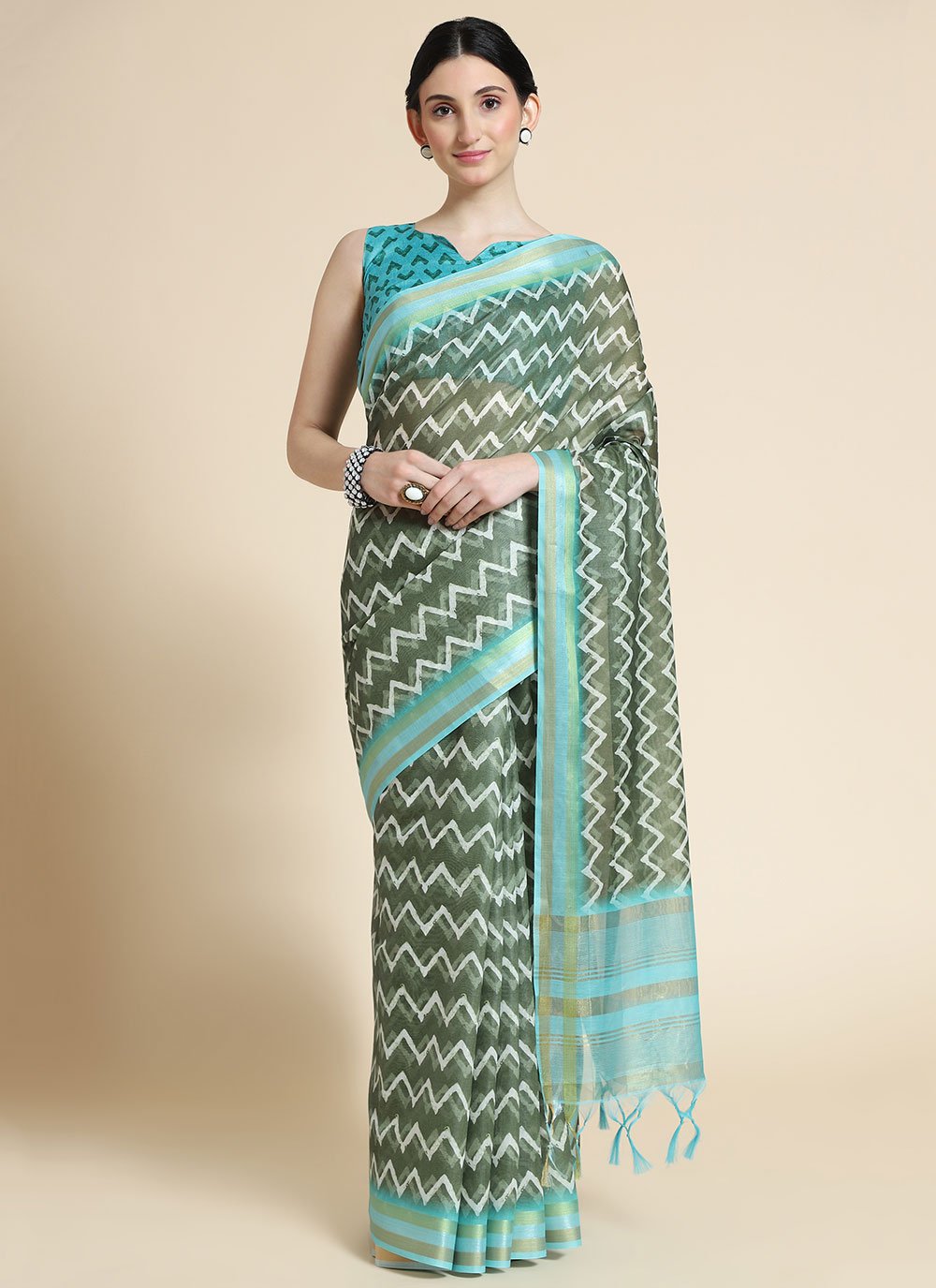 Classic Chanderi Cotton Green Digital Print Saree