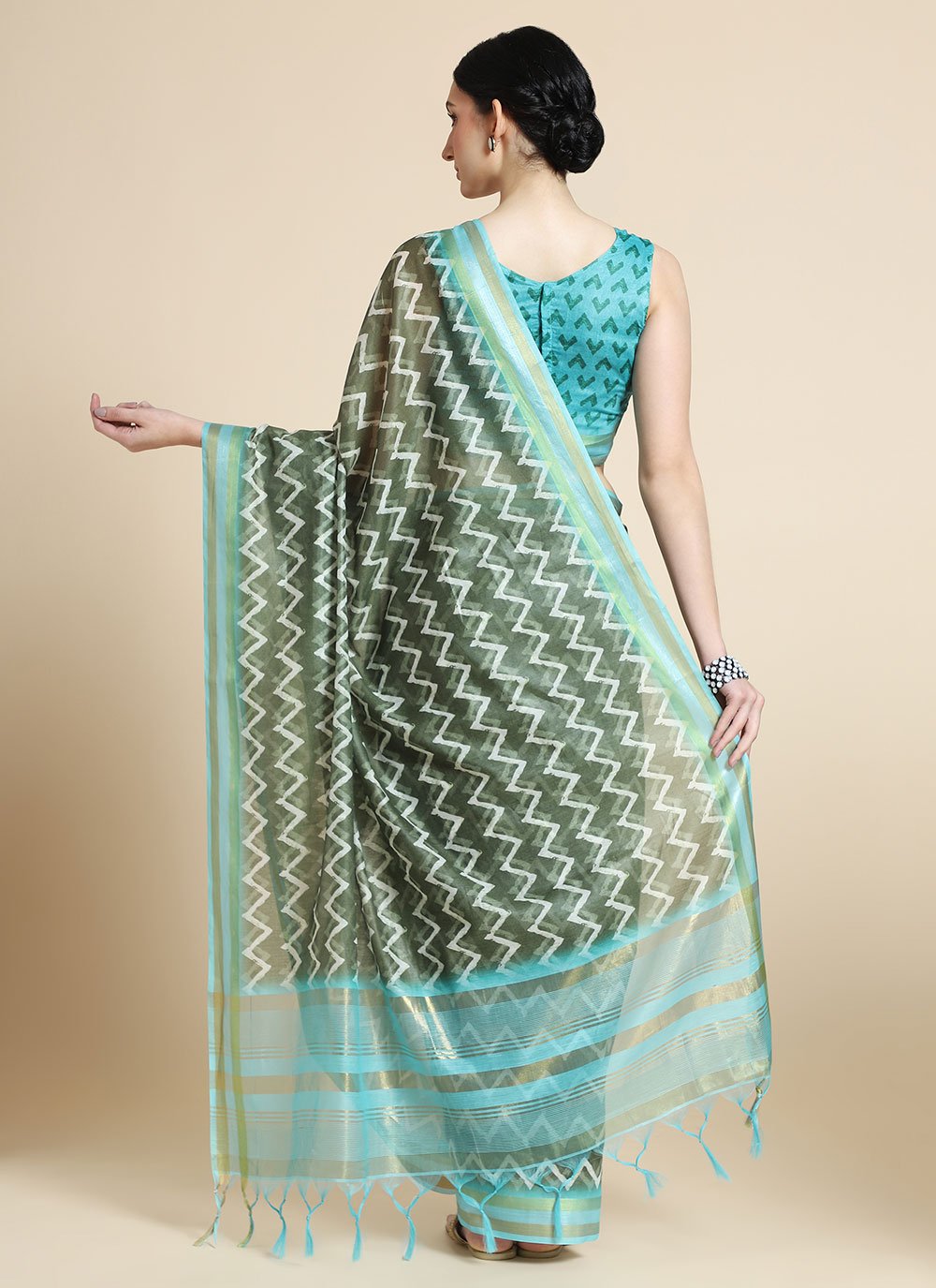 Classic Chanderi Cotton Green Digital Print Saree