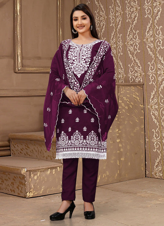 Floor Lenght Salwar Suit Chanderi Cotton Purple Embroidered Salwar Kameez