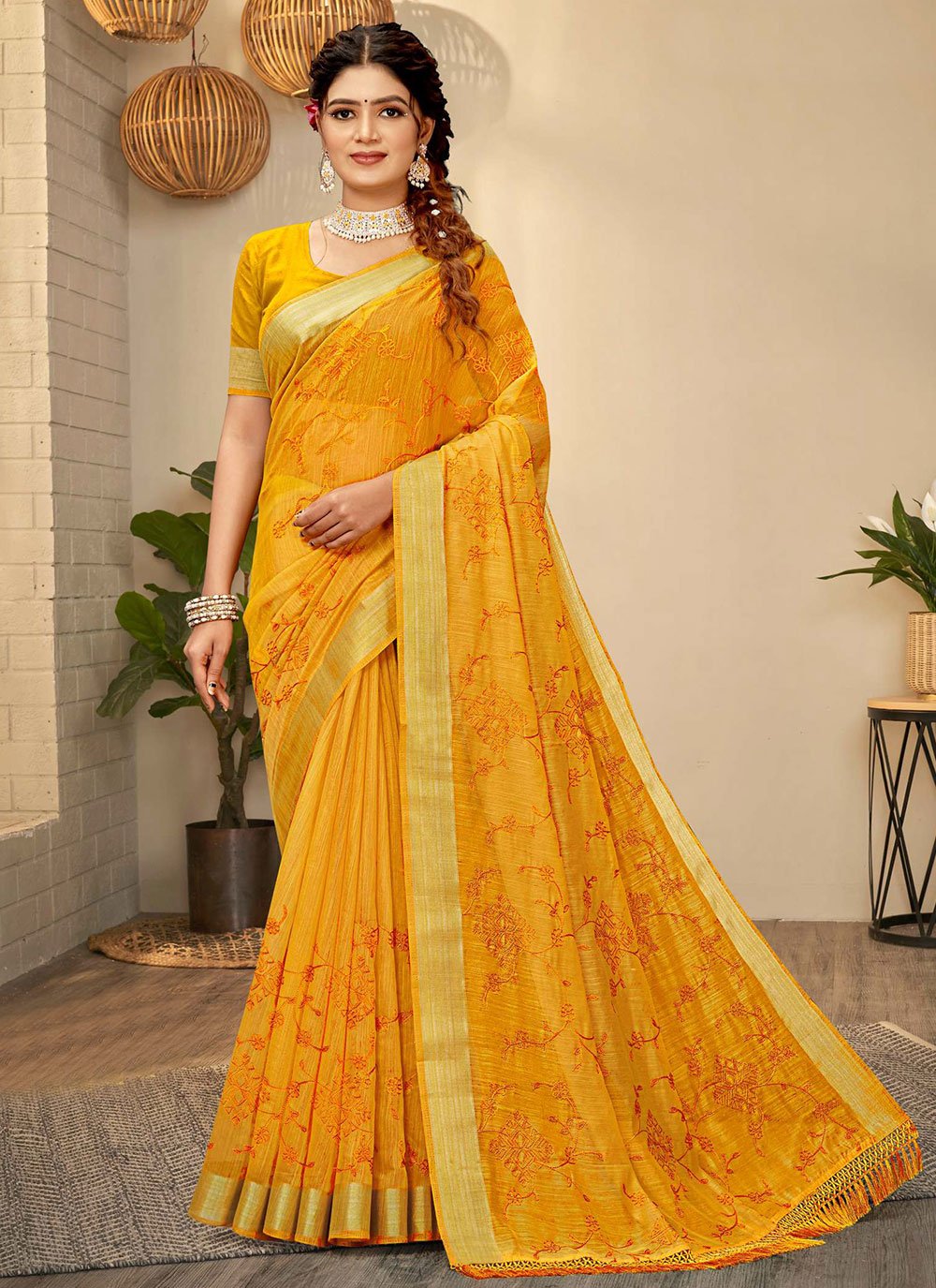 Contemporary Chanderi Cotton Mustard Embroidered Saree