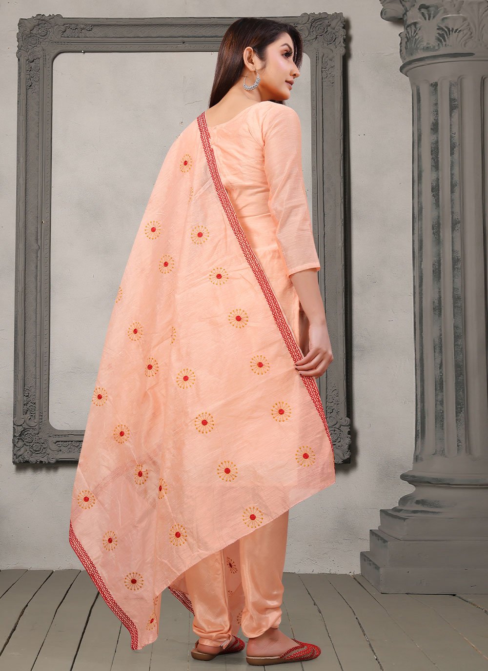 Pant Style Suit Chanderi Cotton Peach Embroidered Salwar Kameez