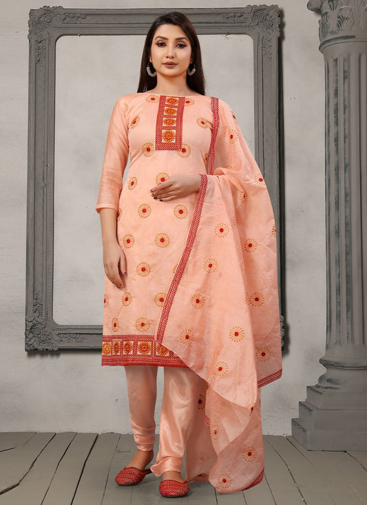 Pant Style Suit Chanderi Cotton Peach Embroidered Salwar Kameez