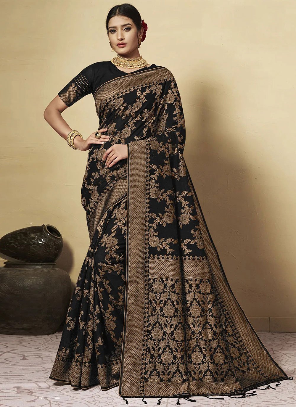 Classic Chanderi Cotton Black Weaving Saree