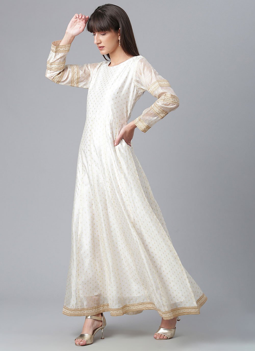 Designer Kurti Chanderi Off White Print Kurtis