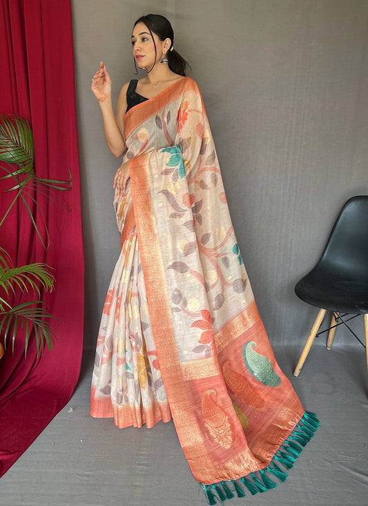 Classic Chanderi Orange Digital Print Saree