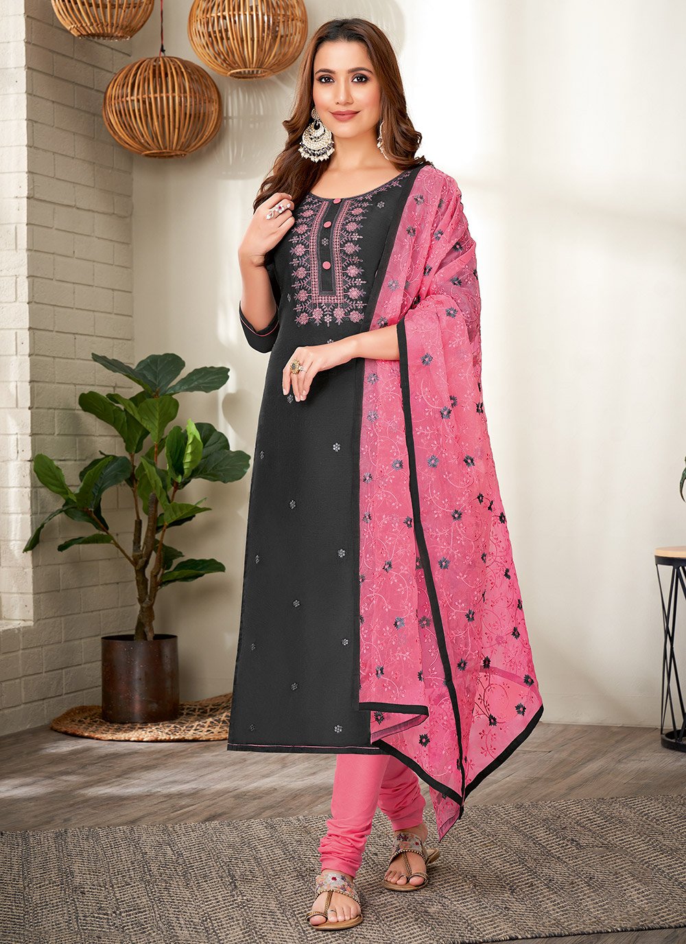 Churidar Suit Chanderi Black Embroidered Salwar Kameez