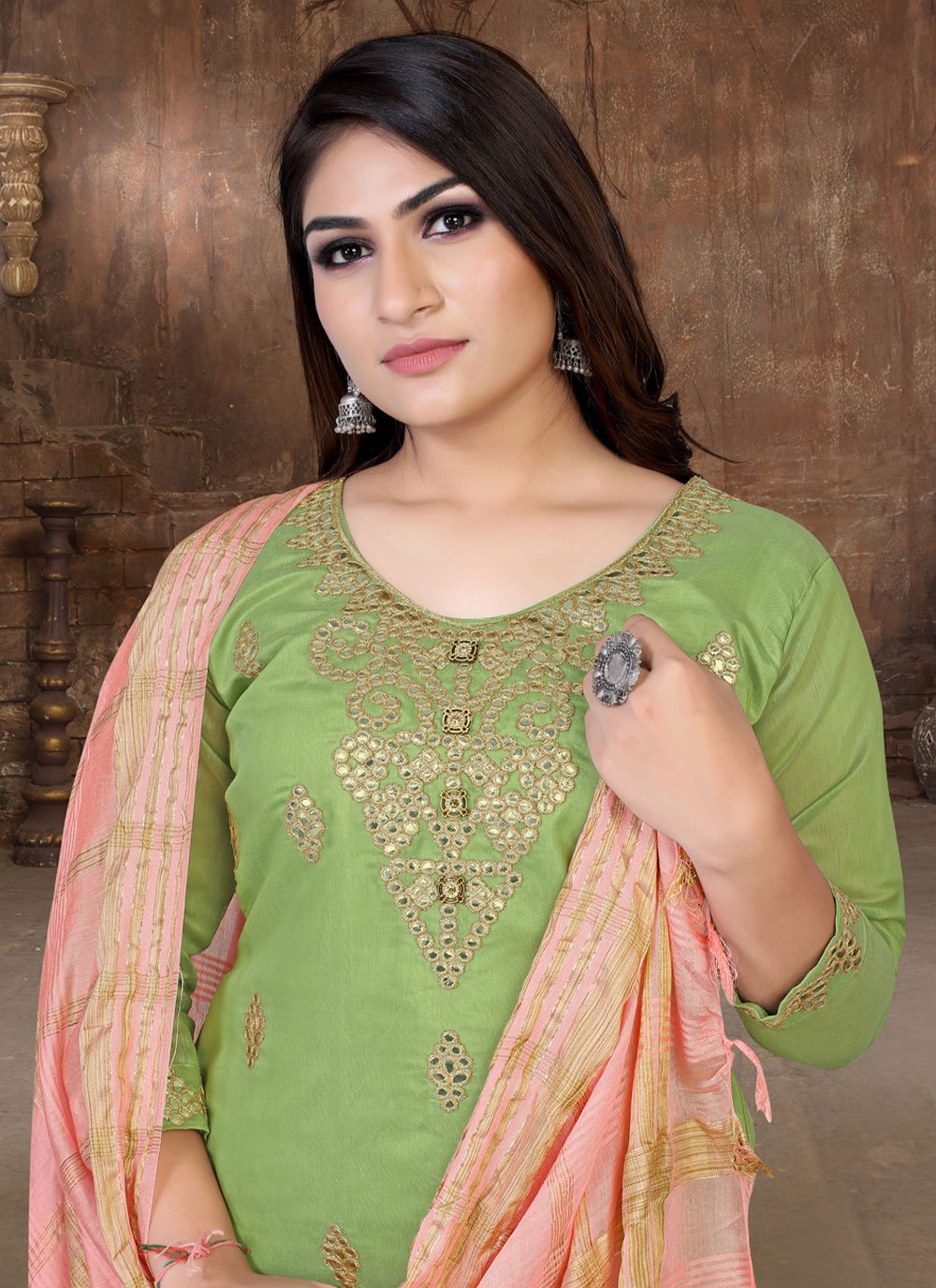 Salwar Suit Chanderi Green Embroidered Salwar Kameez