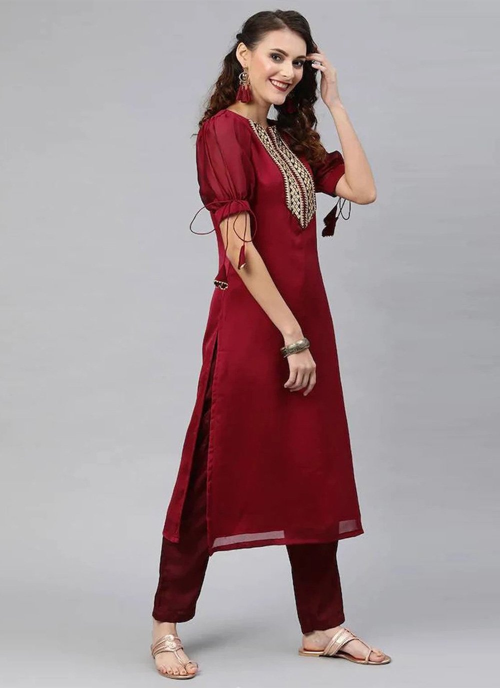 Party Wear Kurti Chanderi Maroon Embroidered Kurtis