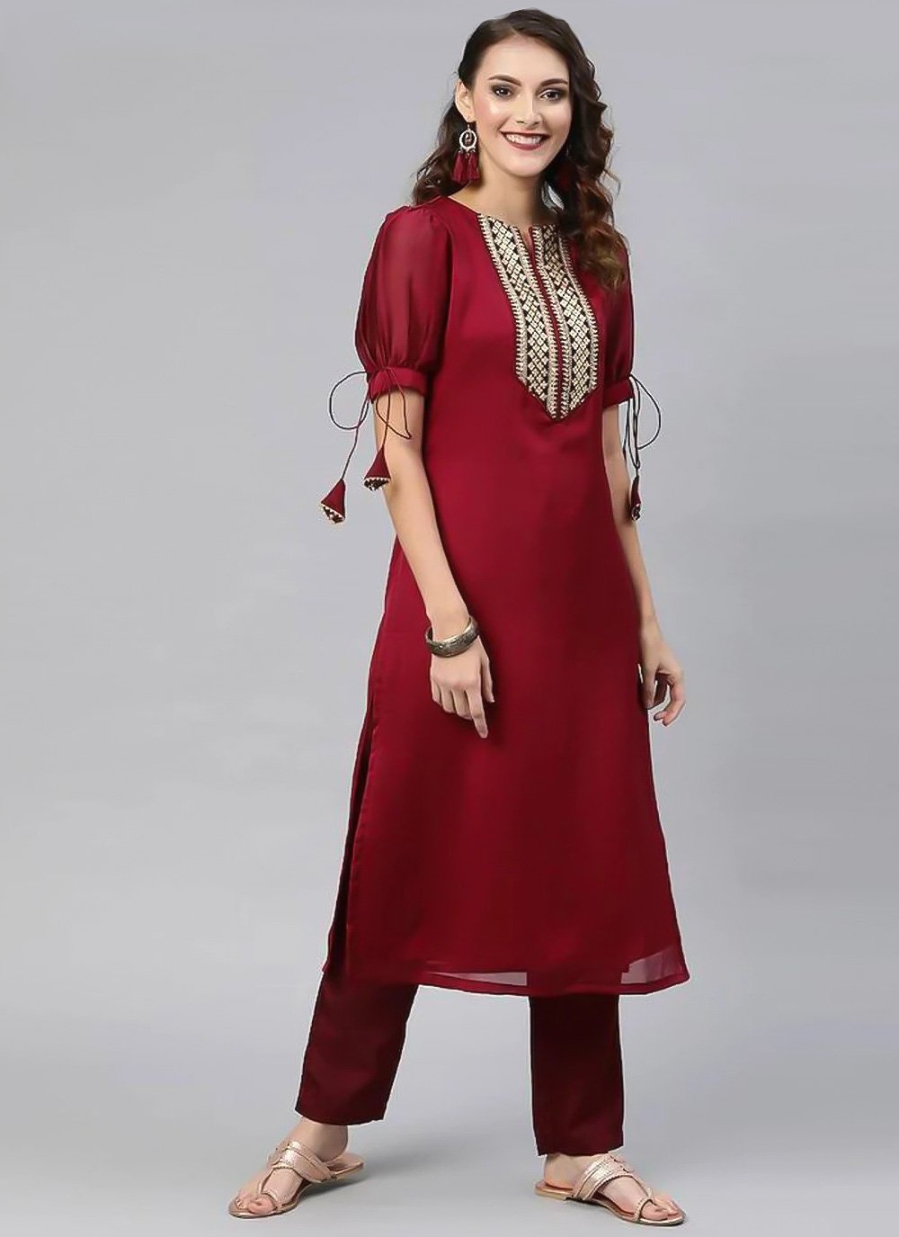 Party Wear Kurti Chanderi Maroon Embroidered Kurtis