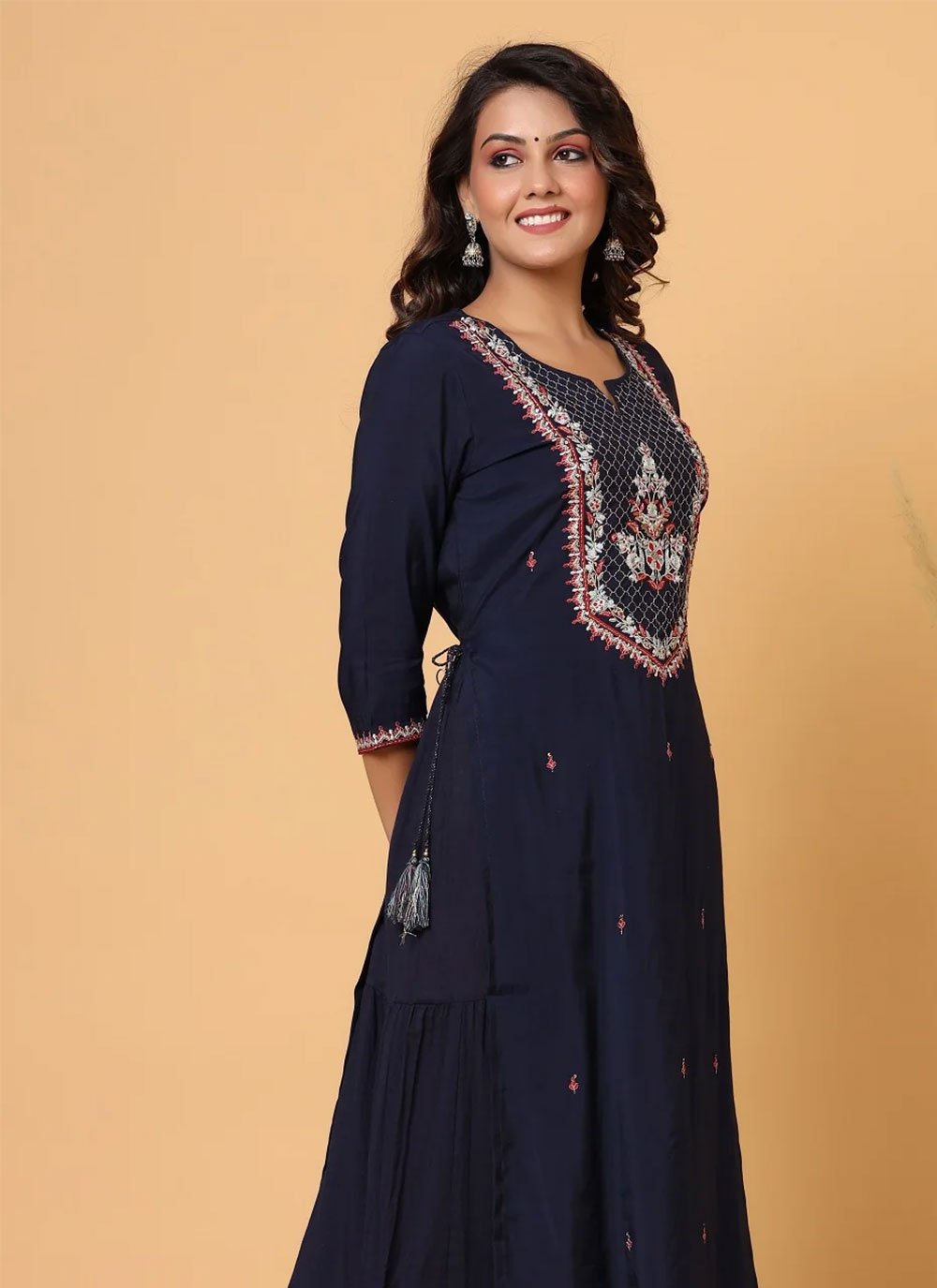 Party Wear Kurti Chanderi Blue Embroidered Kurtis