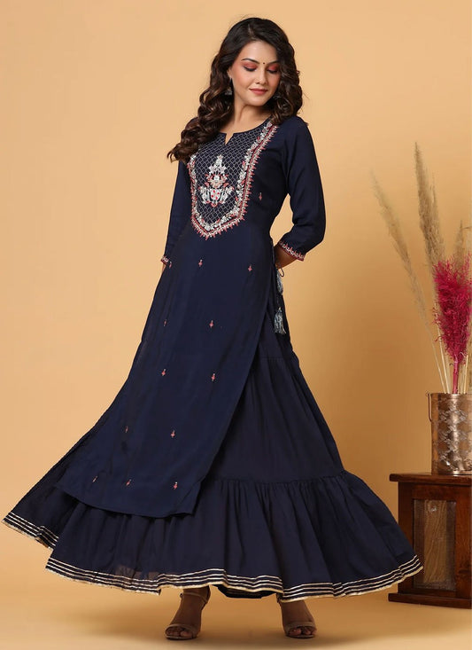 Party Wear Kurti Chanderi Blue Embroidered Kurtis