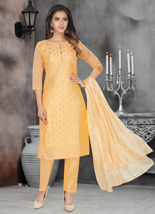 Pant Style Suit Chanderi Orange Embroidered Salwar Kameez