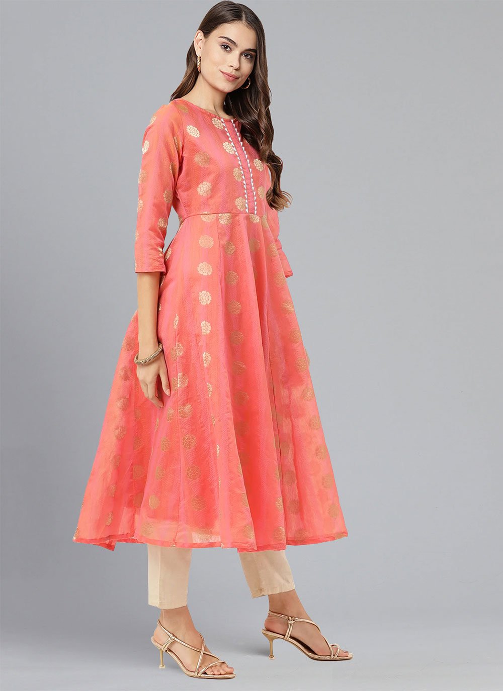 Floor Length Kurti Chanderi Orange Woven Kurtis