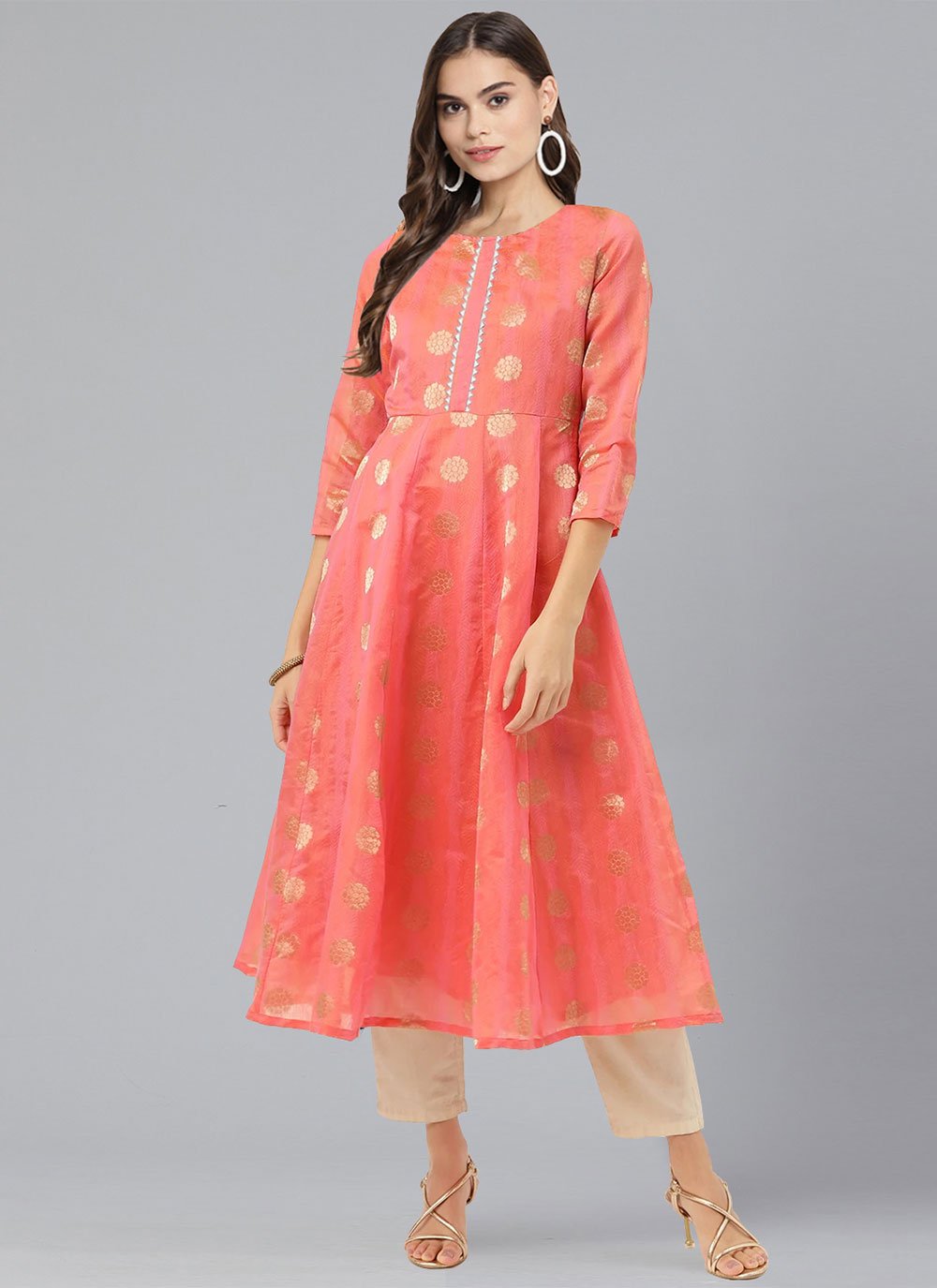 Floor Length Kurti Chanderi Orange Woven Kurtis