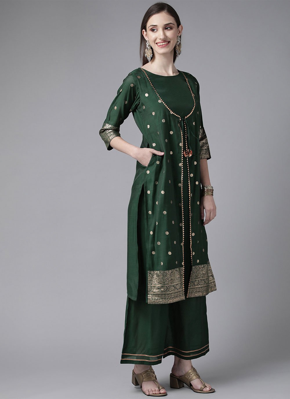 Designer Kurti Chanderi Green Foil Print Kurtis