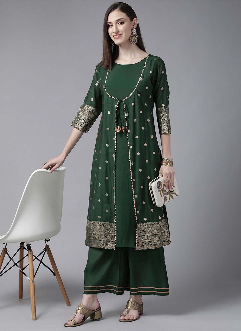 Designer Kurti Chanderi Green Foil Print Kurtis