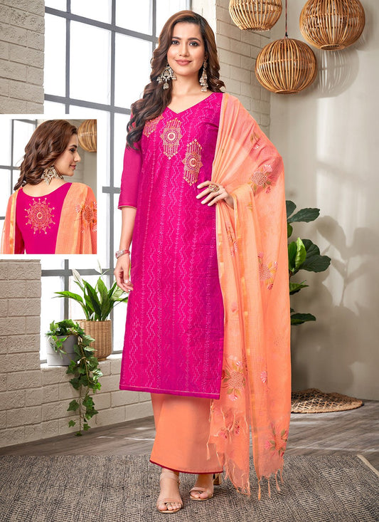 Palazzo Salwar Suit Chanderi Magenta Embroidered Salwar Kameez