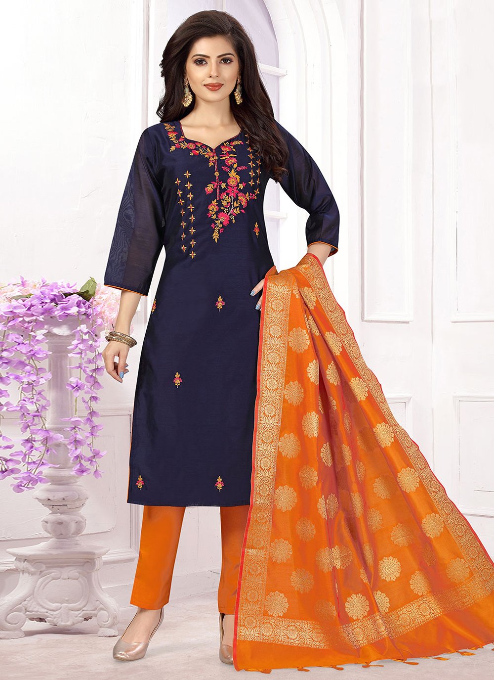 Salwar Suit Chanderi Blue Embroidered Salwar Kameez